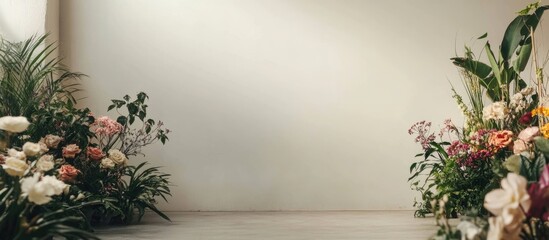 Fototapete - Elegant modern living room with greenhouse plants and floral decor creating a serene atmosphere for creative interior design backdrop.