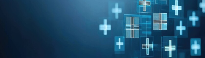 Poster - A digital background featuring glowing plus signs and abstract shapes, suggesting themes of technology, health, or data enhancement.