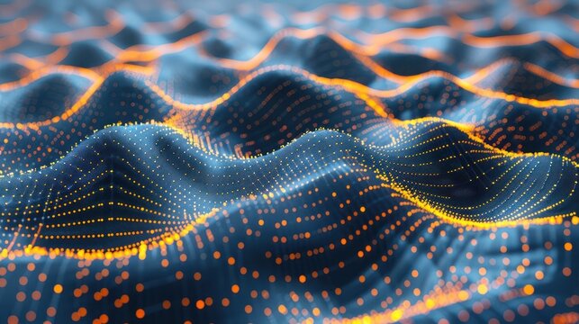Abstract representation of flowing waves with glowing dots in a dark blue background, depicting movement