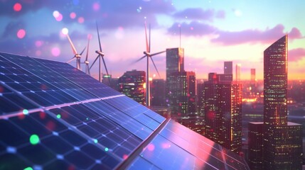 Poster - Solar panels are producing renewable energy with wind turbines and a futuristic cityscape in the background, representing the transition to sustainable power solutions for urban environments
