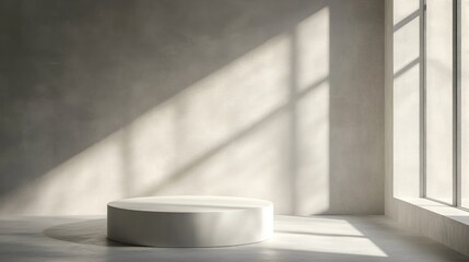 Poster - minimalist white podium in softly lit room with shadow play on smooth walls and floor for stylish pr