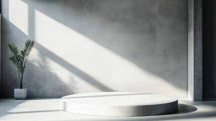 Poster - minimalist white podium in a bright room with soft shadows and a hint of greenery for a modern, arti