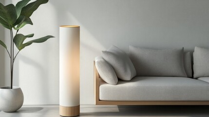 Poster - Modern minimalist living room featuring a stylish white lamp with wooden accents and a cozy sofa arrangement