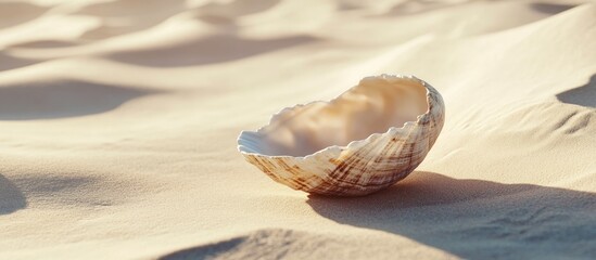 Poster - Detailed close-up of a broken seashell on fine sand showcasing intricate textures with a smooth dune backdrop and ample copyspace for text.