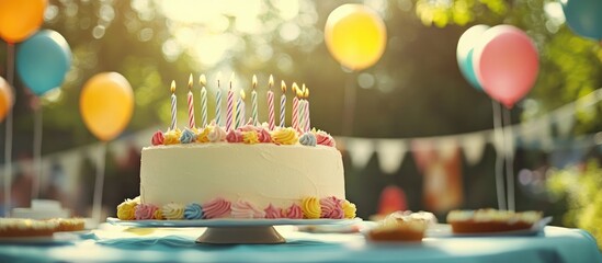 Wall Mural - Joyful Outdoor Birthday Celebration with Cake Candles Balloons and Festive Atmosphere Featuring Empty Space for Text or Messages