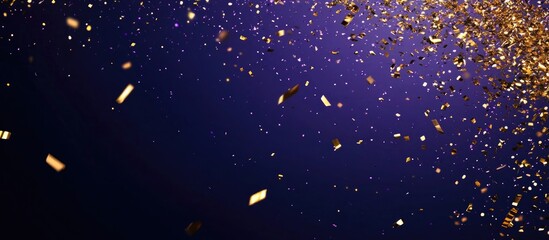 Wall Mural - gold confetti falling on a rich purple background with ample space for adding personalized text or m