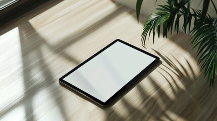 Poster - modern tablet mockup on wooden surface with natural sunlight and plant shadow for creative design pr
