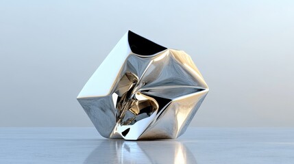 Poster - sleek reflective stainless steel sculpture with angular design against a minimalist background showc