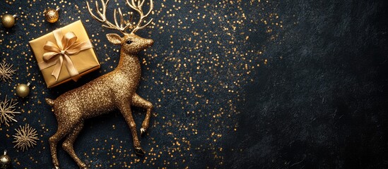 Wall Mural - gold reindeer ornament and gift box on dark background with glittering decorations and empty space f