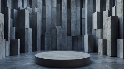 Poster - modern minimalist podium design with geometric cubic stacks against a textured wall backdrop in a sl