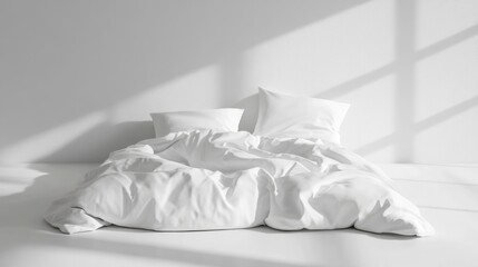 Fototapete - Minimalist bed mockup featuring crisp white bedding set in a high key studio environment with ample copy space and soft wood texture backdrop