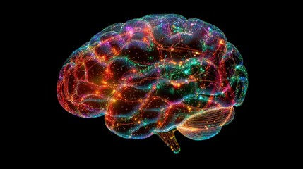 Poster - Polygonal human brain showing colorful connections, representing activity and synapses firing, on a black background, suitable for science and medical themes