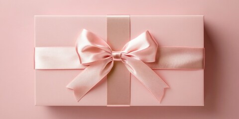 Wall Mural - Elegant pink gift box with a satin ribbon bow on a soft surface creating an ideal backdrop for personalized holiday or celebration messages