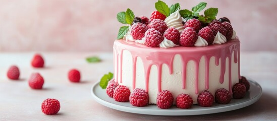 Wall Mural - Raspberry Glazed Cake Decorated with Fresh Berries and Cream with Copy Space for Text in a Soft Focus Background