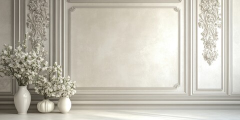 Aufkleber - Sophisticated and Serene Home Interior with Decorative Wall and Floral Accents for Text Overlay and Design Opportunities
