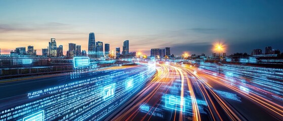 Poster - City skyline at dusk with light trails and digital data