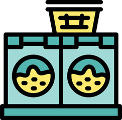 Poster - two washing machines with laundry basket and soap powder, representing launderette equipment for was