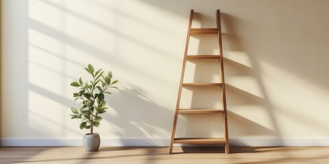 Aufkleber - Stylish Wooden Ladder Shelf Against Minimalist Wall with Natural Light and Plant Adding Warmth to Cozy Living Room Interior