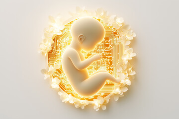 Poster - An outline of a fetus with intricate circuitry is set against a neutral background, emphasizing the fusion of life and technology in gentle midday light, surrounded by soft floral accents