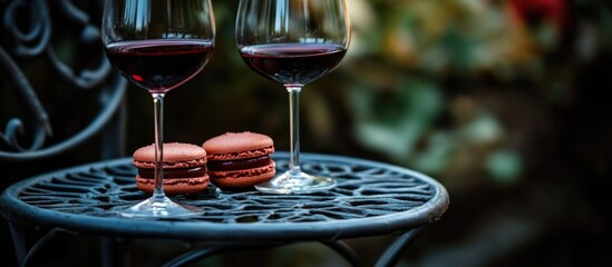 Red wine glasses and sweet macaroons on an outdoor metal chair with empty space for text in a serene garden setting