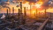 © Tina - Sunset over a sprawling industrial complex with smokestacks and pipelines against mountains