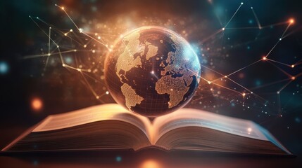 Poster - open book with a hologram of planet earth floating above pages, representing global education, knowl