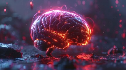 Poster - Futuristic glowing brain on a rocky surface with vibrant lights and a mystical background