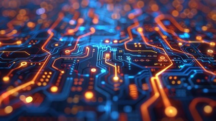 Poster - Abstract close-up of a vibrant circuit board with glowing lines and nodes, symbolizing technology