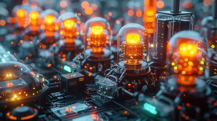 Poster - Futuristic technology scene showcasing glowing tubes and circuits in a vibrant, industrial environment