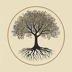 Aufkleber - Symbolic tree of life showcasing intricate roots and branches in a beautifully designed circle. Generative AI