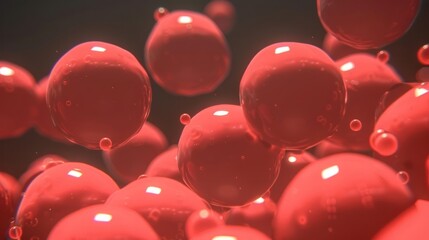 Poster - Close-up view of floating red spheres resembling cells, with a soft-focus background creating depth