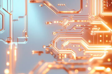 Poster - This striking composition showcases a glowing circuit board fragment with intricate digital patterns against a neutral white background, illuminated by bright midday light