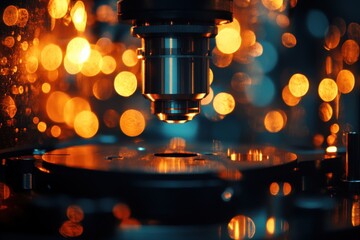 Poster - Close-up view of a microscope lens over a glass slide with vibrant background lights