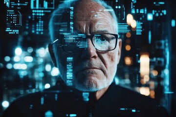 Poster - Elderly man in glasses surrounded by digital data interface