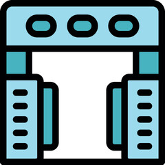 Poster - Futuristic gate connecting two buildings, featuring lights and sensors, ideal for concepts of innovation, technology, and modern architecture