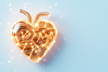 Poster - This conceptual design features a heart outline filled with intricate circuit-like patterns, symbolizing empathy in a minimalist style. The bright light highlights the futuristic theme
