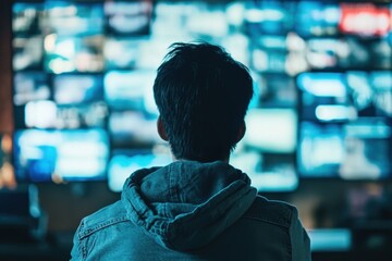 Poster - Person observing multiple screens in a dimly lit control room at night