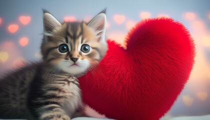 Wall Mural - cute kitten hugging a red heart shaped soft fluffy pillow love concept valentines day