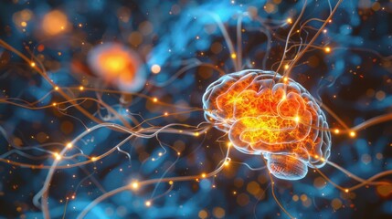 Poster - Vibrant depiction of a human brain with glowing neural connections against a colorful background