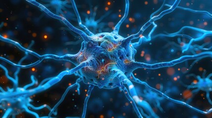 Poster - Detailed close-up of a neuron cell with glowing synapses and vibrant background particles