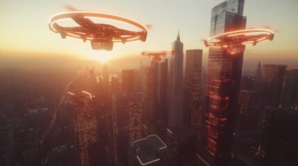 Poster - Futuristic drones with glowing rings are flying over the illuminated skyscrapers of new york city at sunset, creating a stunning and otherworldly urban landscape