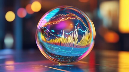 Poster - Colorful stock market charts are reflected in a crystal ball placed on a reflective surface, suggesting the concept of predicting market trends and financial forecasting