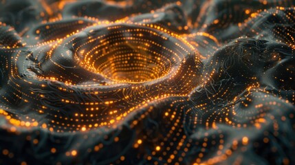 Poster - Abstract visualization of glowing orange dots creating a wave-like pattern in dark space