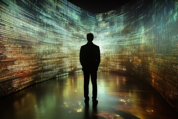 Leinwandbilder - Person stands in a futuristic digital landscape with vibrant light patterns and data visuals