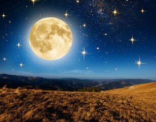 Wall Mural - golden stars twinkling in a night sky with radiant full moon