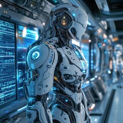 Poster - Futuristic robot in high-tech corridor with digital screens