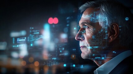 Poster - Thoughtful man gazing at digital data projections at night