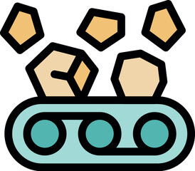 Poster - Geometric shapes move along conveyor belt, symbolizing automated processing and resource management in industrial manufacturing