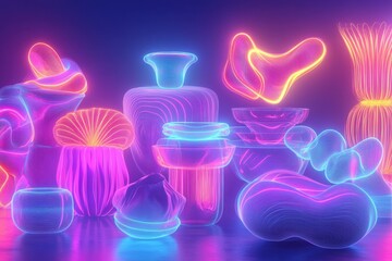 Poster - Colorful glowing abstract shapes and objects illuminated in vibrant neon colors