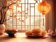 ©  Serhii Hryb - Traditional Mooncakes and Decorative Lanterns Adorn a Cozy Setting During the Mid-Autumn Festival Celebration in a Serene Interior Scene